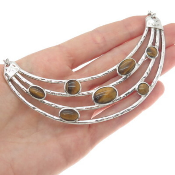 925 Sterling Silver Vintage Real Tiger Eye Modernist Crescent Chain Necklace 18"
